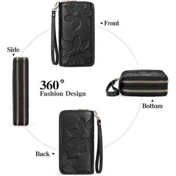 Women Black Leather Wallet Large Capacity Double Zip Ladies Card Phone Holder - Picture 6 of 9